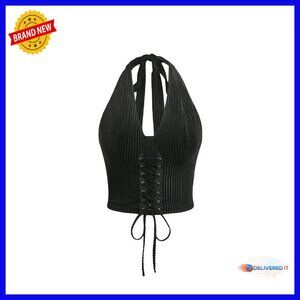 Plus Size Halter Crop Top Lace Up Front Open Back Sleeveless